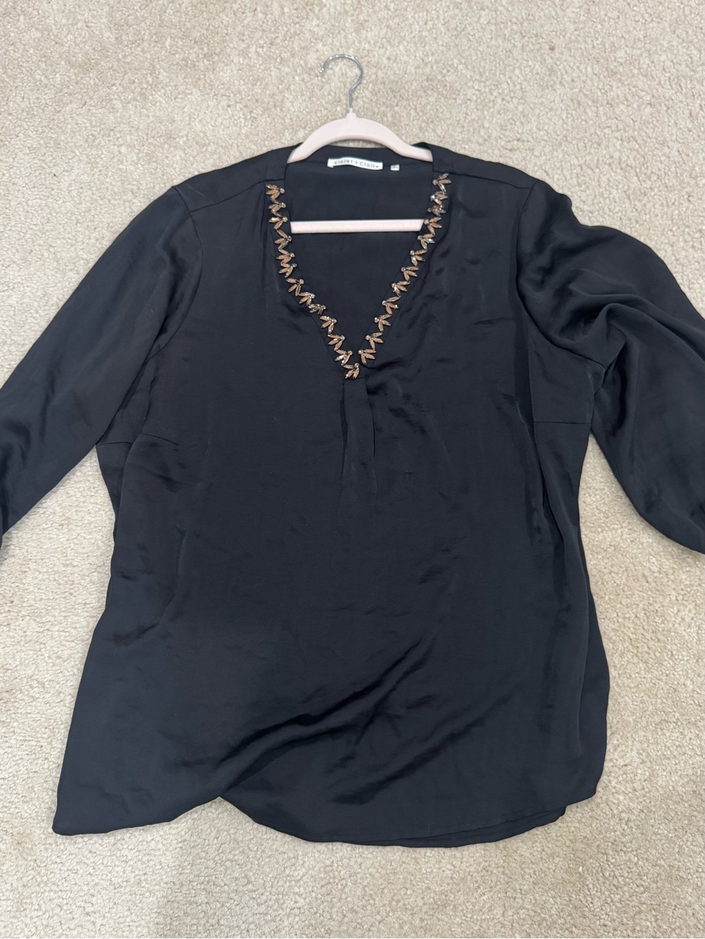 Violet & Claire Black V-Neck Long Sleeve Blouse with Gold Beaded Trim